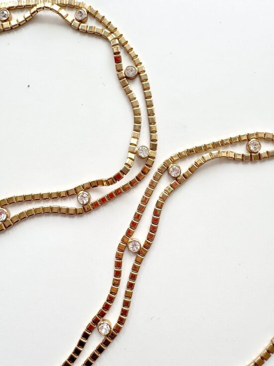 Vintage Accessories - Vintage Gold Tone Block Chain Crystal Link Belt, One Size
